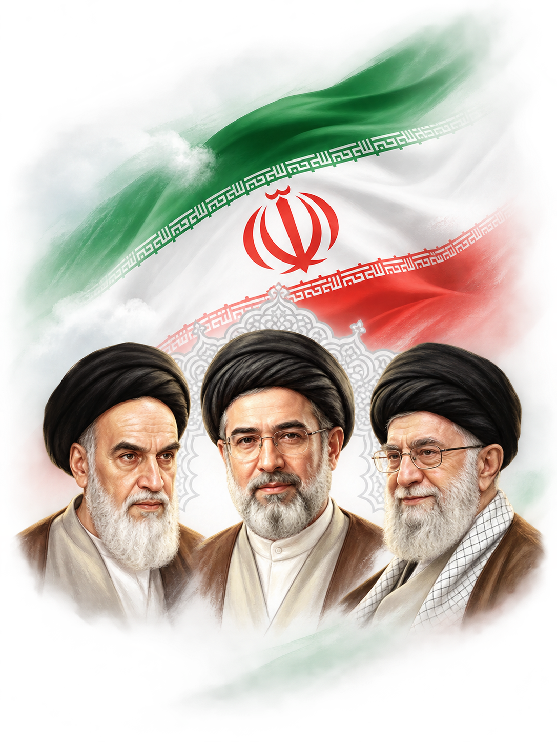 رهبران جمهوری اسلامی ایران در کنار پرچم ایران